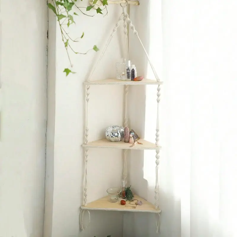 Wooden Wall Hanging Shelf, 1 Count Boho Style Triangle Storage Rack, Floating Shelves for Home Bedroom Living Room Decor