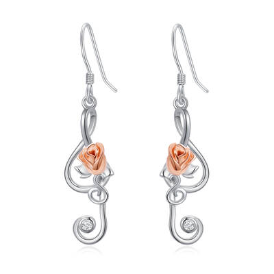 Sterling Silver Two-tone Rose & Music Symbol Drop Earrings