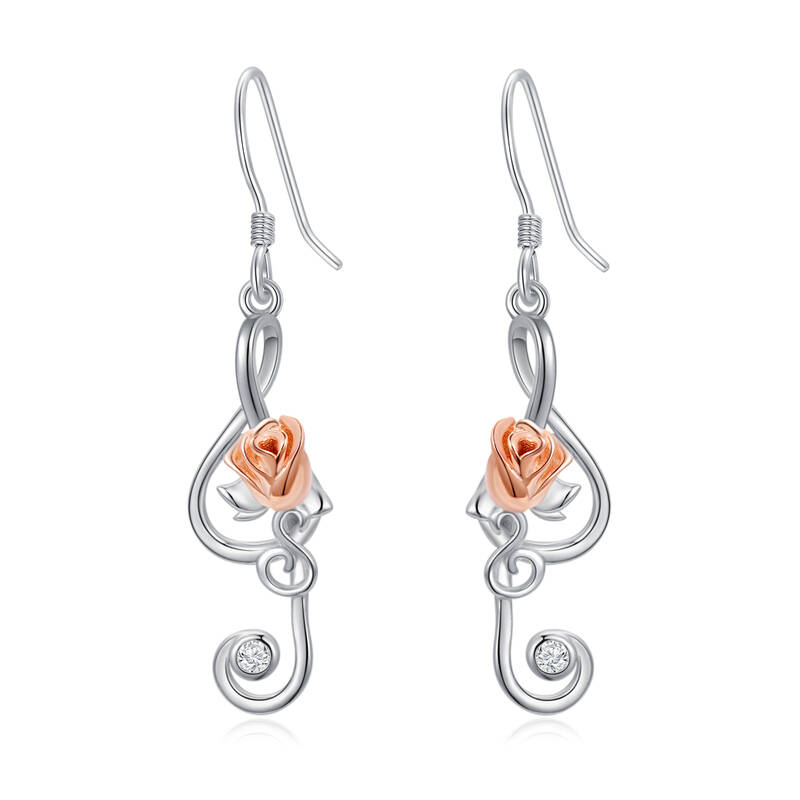 Sterling Silver Two-tone Rose & Music Symbol Drop Earrings