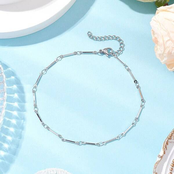 304 Stainless Steel Cuboid Bar Link Chain Anklets for Women