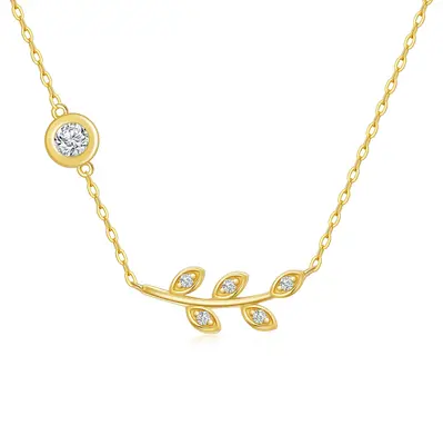 14K Gold Circular Shaped Cubic Zirconia Leaves Pendant Necklace