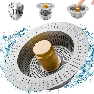 Upgraded 3 in 1 Kitchen Sink Drain Strainer Stopper, Brushed Stainless Steel 304 Pop Up Sink Drain Stopper for Standard 3-1/...