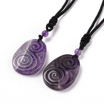 Adjustable Natural Amethyst Teardrop with Spiral Pendant Necklace with Nylon Cord for Women