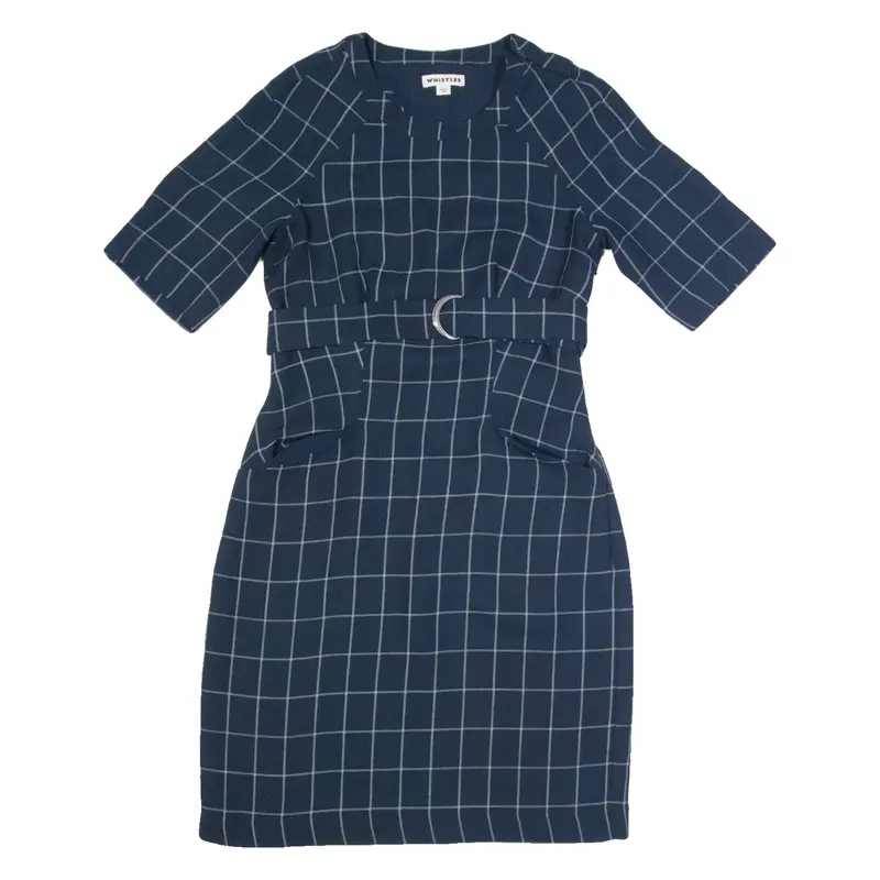 WHISTLES Womens Pencil Dress Blue Check Short Sleeve Knee Length UK 8