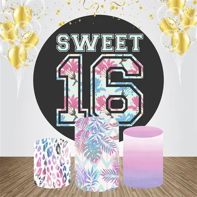 Purple Floral Leaf Round 16th Birthday Backdrop Kit - Aperturee