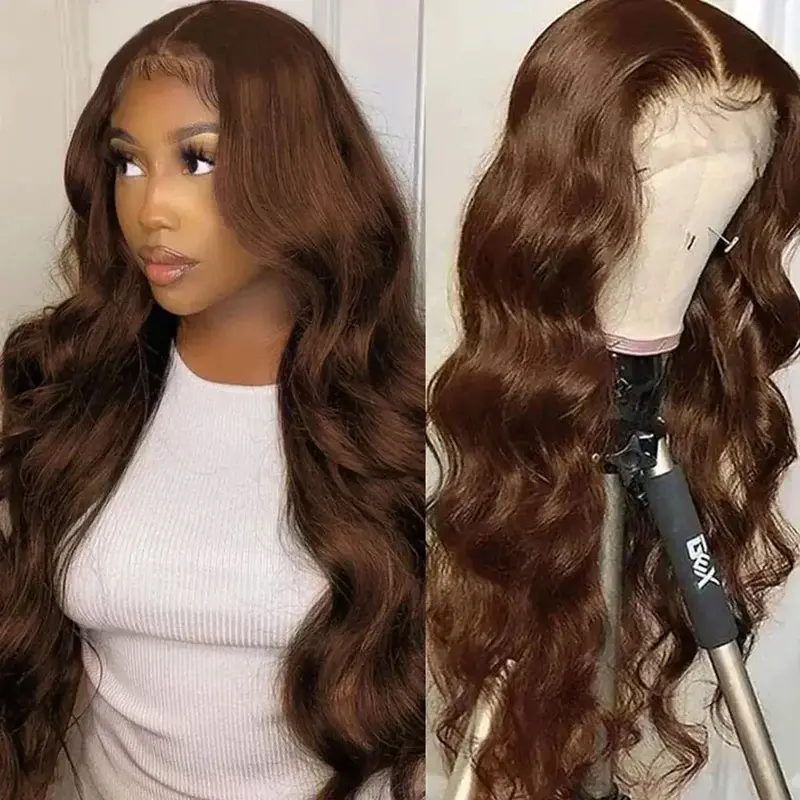 ALIGLOSSY 13×4 Chocolate Brown Body Wave Lace Front Wig HD Transparent Pre Colored Wavy Lace Frontal Human Hair Wigs Pre Plu...