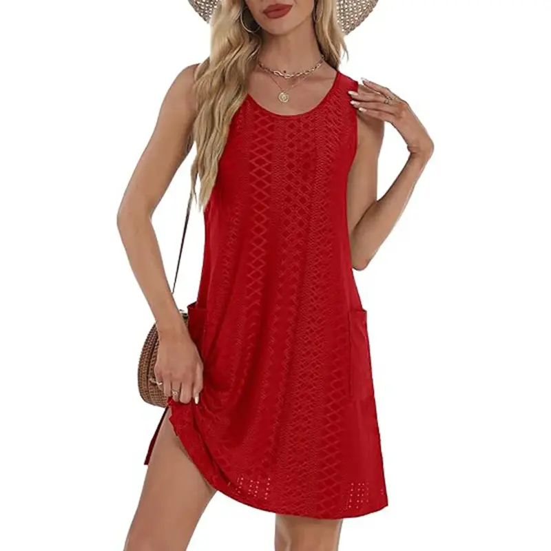 Coverup Summer Dresses for Women 2025 Eyelet Casual Loose Sleeveless Sundresses Tank Dresses with Pockets