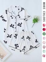 Two-piece Set Women's Printed Button Front Pocket Blouse & Elastic Waist Shorts Matching Pajama Set, Cute Elegant Comfy Soft ...