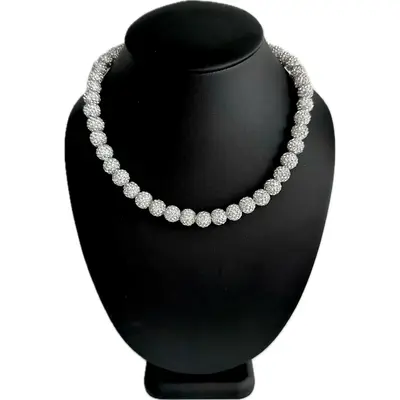 Iced Bling Disco Ball Rhinestone Crystal Bead Baseball Necklace Silver Snow