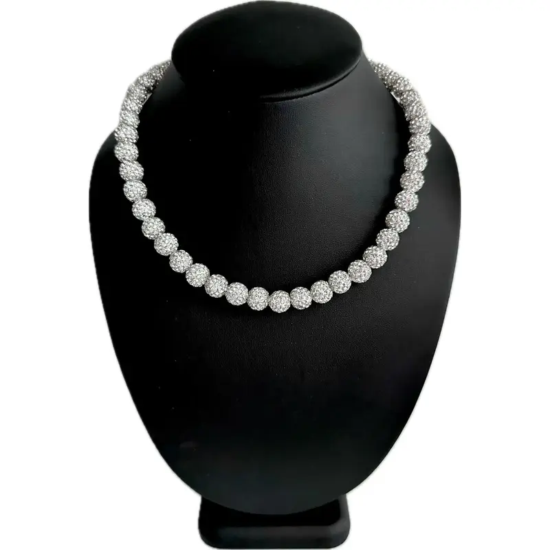 Iced Bling Disco Ball Rhinestone Crystal Bead Baseball Necklace Silver Snow