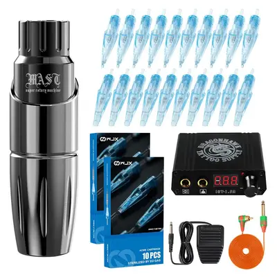 Mast Tour Rotary Tattoo Machine Kit Pen 20Pcs WJX Cartridges Needles Power Supply with Gift Case DF366