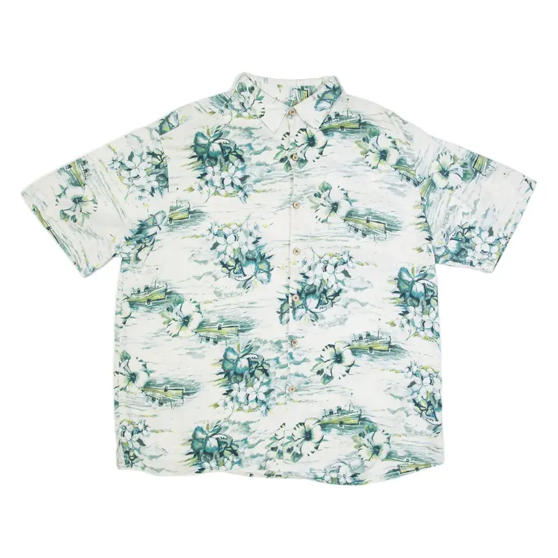 CARIBBEAN Mens Hawaiian Shirt White Faux Silk Floral XL