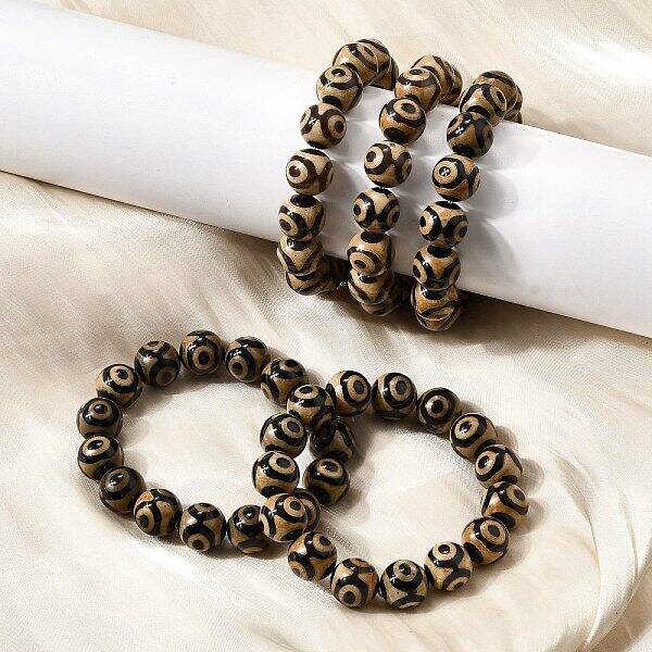 Natural Agate Round Beaded Stretch Bracelets
