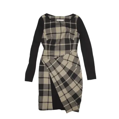 KAREN MILLEN Pleated Pencil Dress Black Check Long Sleeve Knee Length Womens UK 6