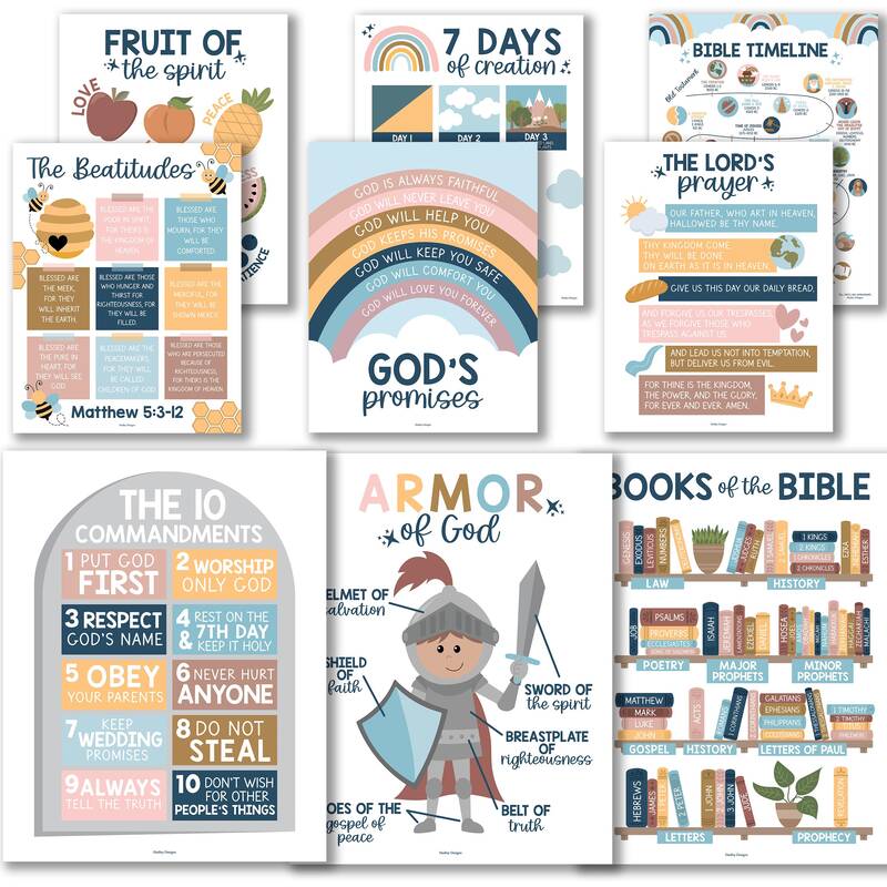 Bible Posters  Set of 9  Sunday School Classroom Decoration Sticker Learning Tool