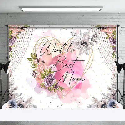 Worlds Best Mom Floral Heart Mothers Day Backdrop - Aperturee