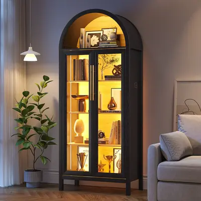 Fredees Arched Display Cabinet with Glass Doors, 72” Tall Bookcase 5-Tier Curio Storage Pantry Cabinet with 3 Color LED Lig...