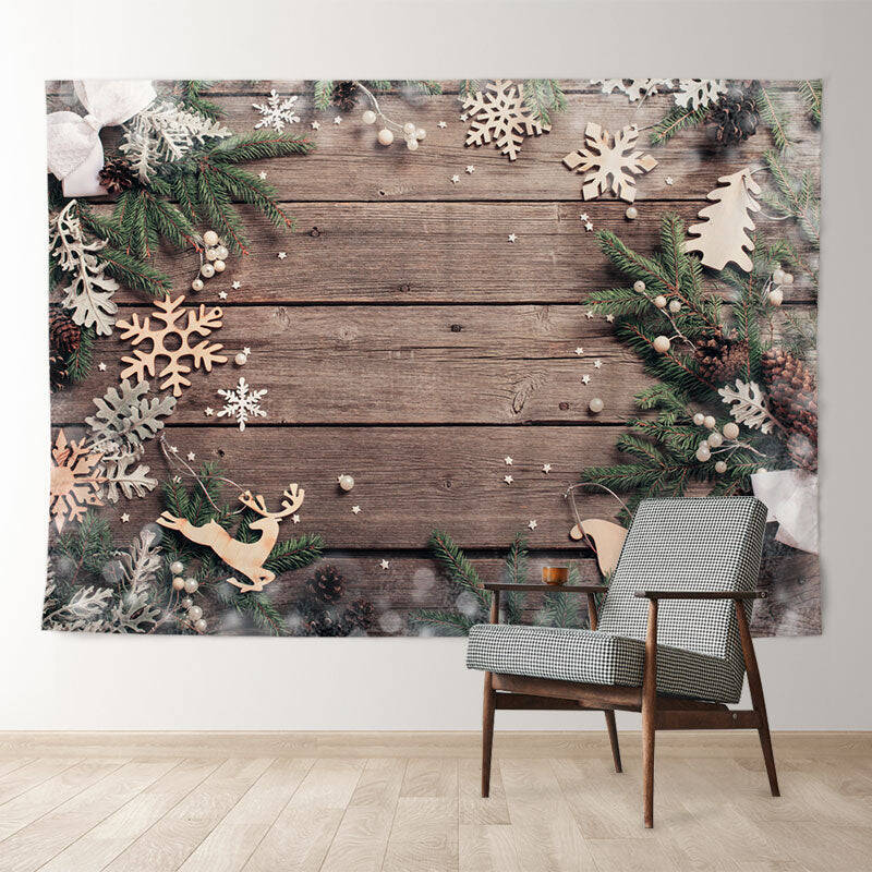 Aperturee Gold Sled Snowflake Leaves Wood Christmas Backdrop