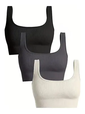 Women's Solid Scoop Neck Crop Sports Tank Top, High Stretch Ribbed Sports Top for Women, Ladies Sportswear for Exercise Yoga ...