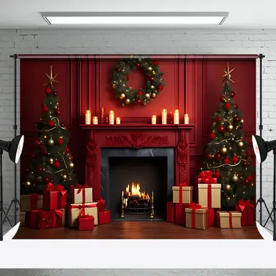 Aperturee Retro Red Wall Fireplace Merry Christmas Backdrop - Aperturee