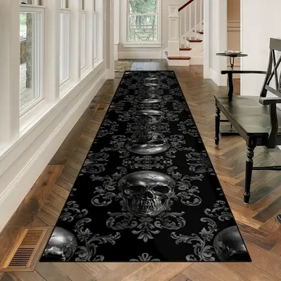 Skull Pattern Hallway Runner Rug, 1 Count Halloween Decorative Strip Living Room Corridor Carpet, Decorative Strip Carpet for...