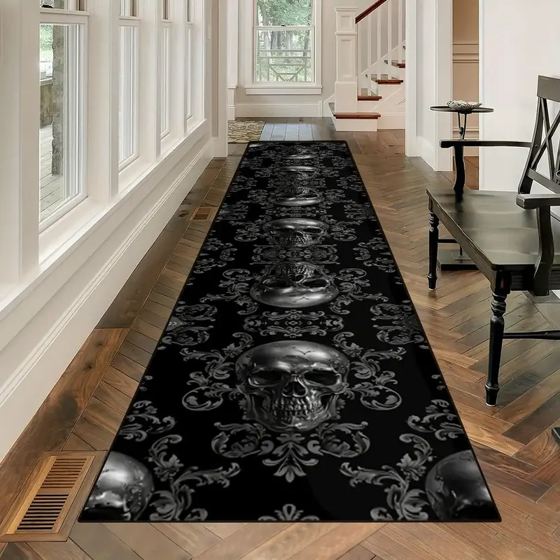 Skull Pattern Hallway Runner Rug, 1 Count Halloween Decorative Strip Living Room Corridor Carpet, Decorative Strip Carpet for...