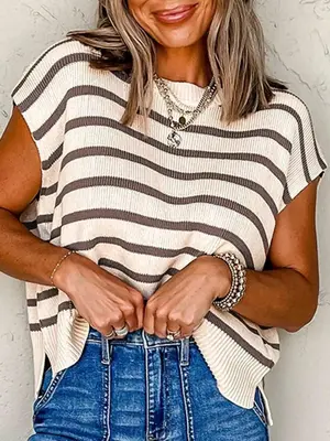 Women's Striped Print Crew Neck Sweater Pullover, Casual Jumper for Summer, Fashion Women's Knitwear for Daily Wear