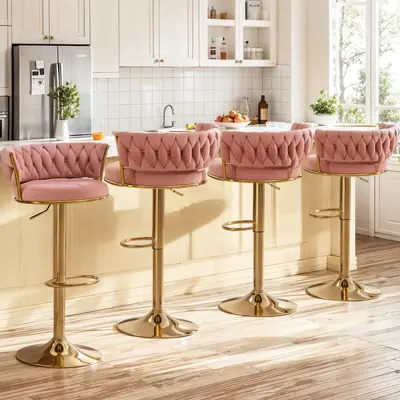 VECELO Bar Stools Set of 2 Woven Modern 360° Swivel Gold Bar Stools,Adjustable Height Barstools with Velvet Backs Metal Tall...