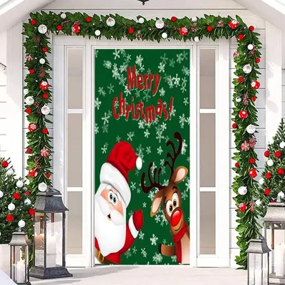 Merry Christmas Green Santa Claus Elk Door Cover - Aperturee