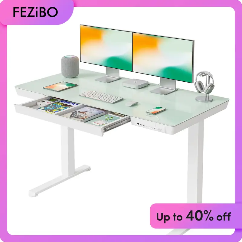 FEZIBO 48 x 24 Inch All-in-one Glass Desktop Desk, Ergonomic Design, One-Piece Quick Install, Stability, Multipurpose, Modern...