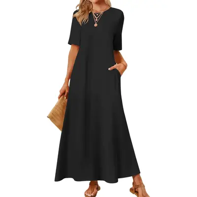 Women's 2025 Spring Summer Casual Maxi Dress Beach Vacation Short Sleeve Crewneck Basic Long T Shirt Dresses