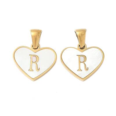 304 Stainless Steel Pave Natural White Shell Heart with Initial Slice Pendants