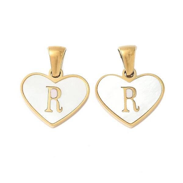 304 Stainless Steel Pave Natural White Shell Heart with Initial Slice Pendants