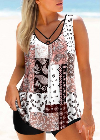Modlily Pink Tribal Print Ring Detail Tankini Top - M