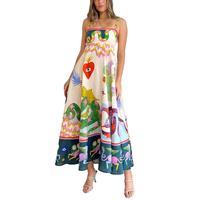 Women Boho Spaghetti Strap Maxi Dress Floral Print Sleeveless A-Line Summer Long Dress Party Cocktail