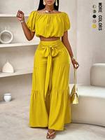 Women's Solid Color Top & Wide Leg Pants Set, Casual Off Shoulder Top & Palazzo Pants for Summer, Ladies Clothes for Beach Ho...