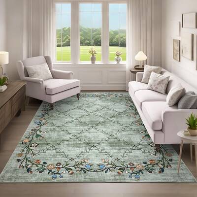 Garvee Floral Grey-Green 4x6 Washable Area Rugs for Living Room: Modern Floral Non Slip Large Area Rugs for Bedroom, Large Ma...