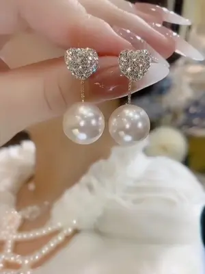 Summer Elegant Heart Shape Rhinestone Earrings for Party Style, Round Faux Pearls Dangle Earrings, Holiday Birthday Jewelry G...