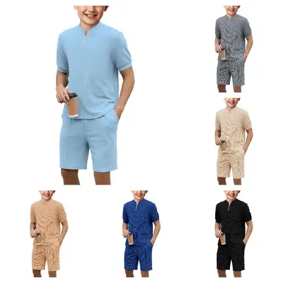 【5-14 Years】Batermoon Boys 2 Piece Short Sets Tracksuit Quarter Zip T Shirts and Elastic Waist Shorts