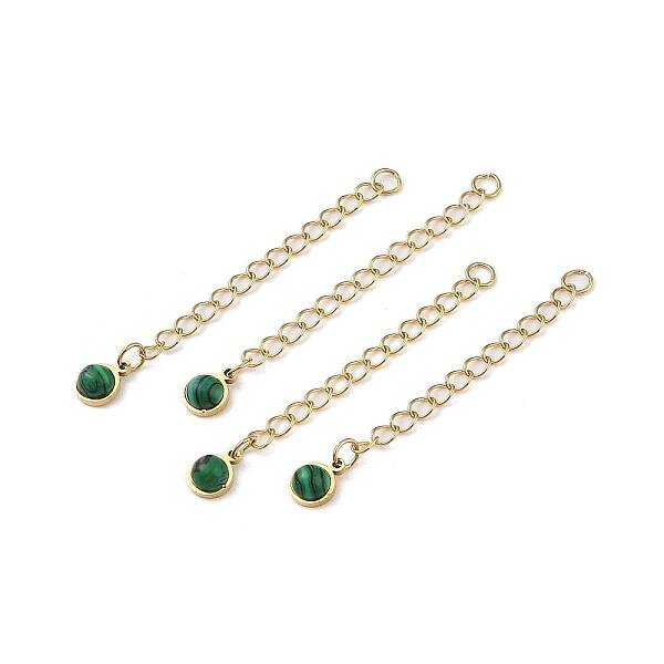 Ion Plating(IP) 316 Surgical Stainless Steel Curb Chain Extender with Malachite Round Charm