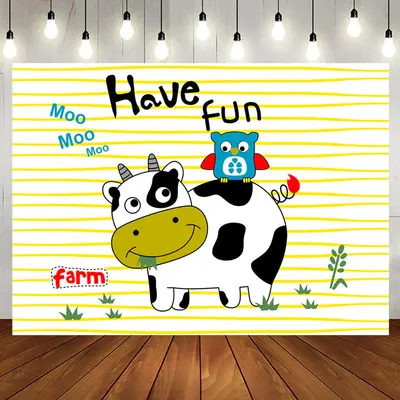 Have Fun Cute Cow Owl Farm Stripe Birthday Backdrop