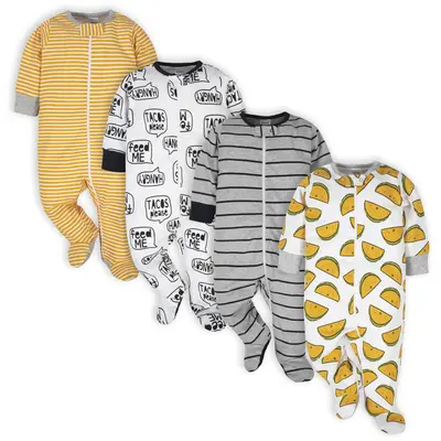 Let's Taco Bout It!  Onesies Brand Baby Boys' Hungry Long Sleeve Footed Sleepers, 4-pack