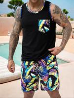Men's Tropical Print Tank Top & Shorts Set, Regular Fit Casual Crewneck Sleeveless Top & Shorts, Men's Summer for Beach Vacat...
