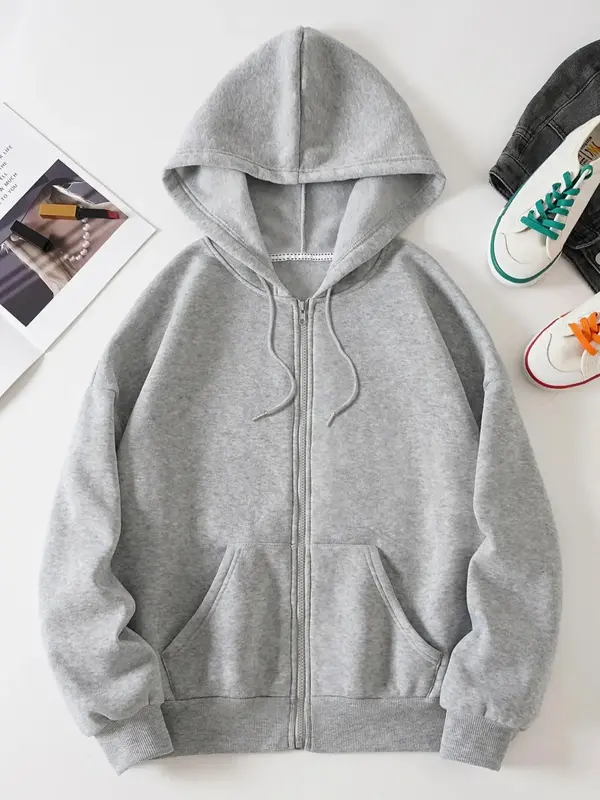 Women's Solid Kangaroo Pocket Zip Up Hoodie, Womenswear, Casual Minimalist Longsleeves Hooded Sweatshirt Outerwear for Fall D...