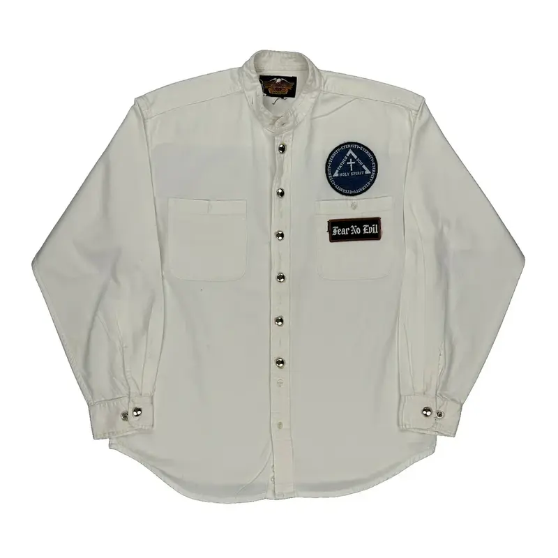 Fear No Evil Harley Davidson Collarless Shirt - XL White Cotton