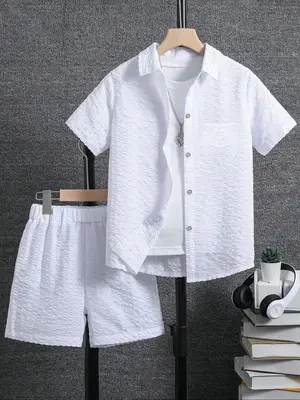 Two-piece Set Boy's Shirt & Shorts, Casual Short Sleeve Collared Top & Shorts, Kids Summer Clothes for Daily Wear