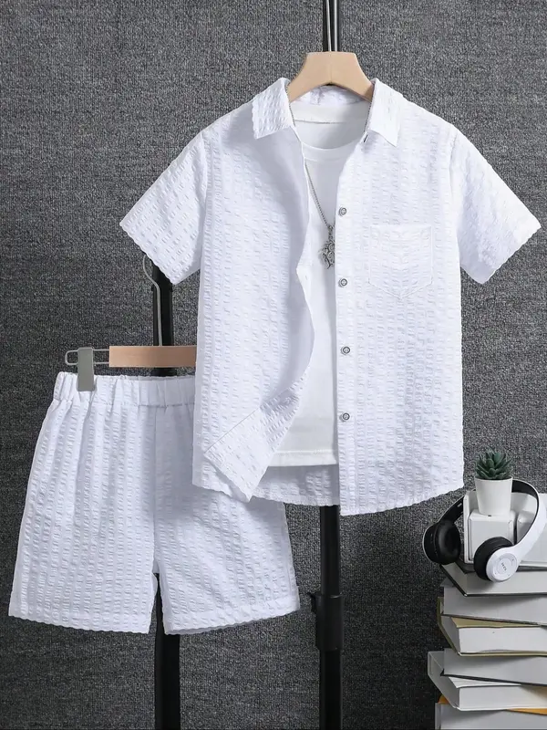 Two-piece Set Boy's Shirt & Shorts, Casual Short Sleeve Collared Top & Shorts, Kids Summer Clothes for Daily Wear