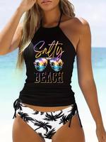 Two-piece Set Women's Tropical Print Backless Drawstring Halter Neck Cami Top & Swim Bottom Tankini Set, Casual Printed Sleev...