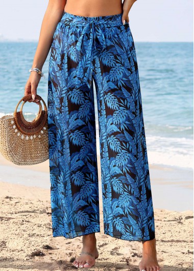 Modlily Leaf Print Tie Dark Blue Pants - S