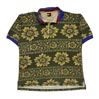 Floral Design Tommy Hilfiger Graphic Polo Shirt - Large Green Cotton
